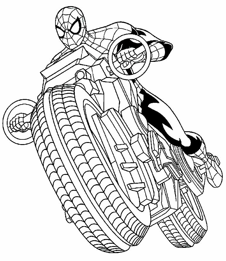 Imagem para colorir do Homem-Aranha com moto