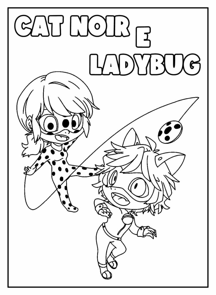 Desenho Educativo da Cat Noir e Ladybug para colorir