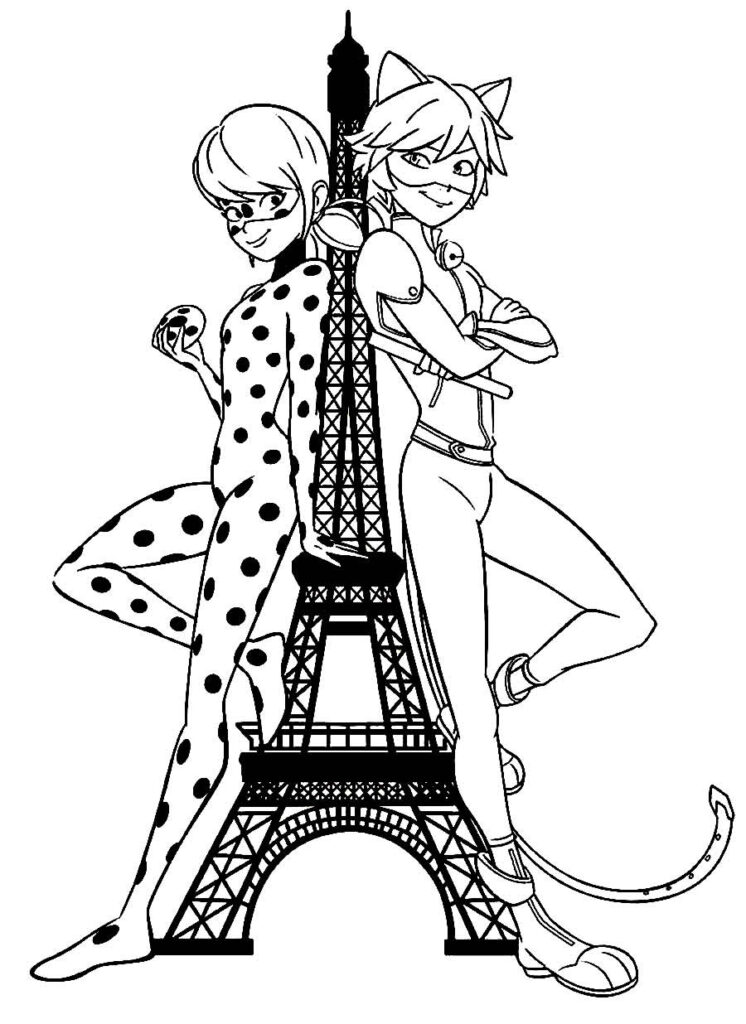 Desenho para colorir da Ladybug e Cat Noir