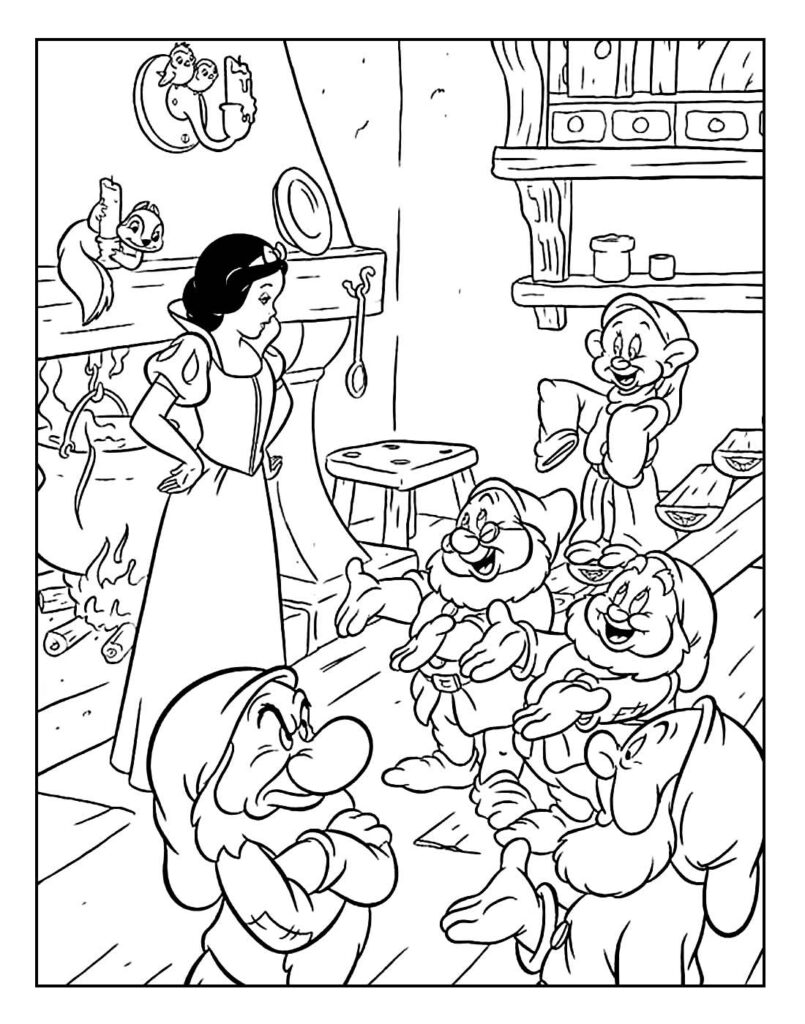 Desenho da Branca de Neve e os Sete Anões para colorir