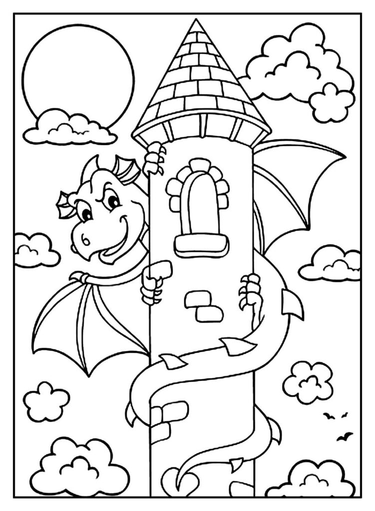 Desenho de Castelo e Dragão para pintar