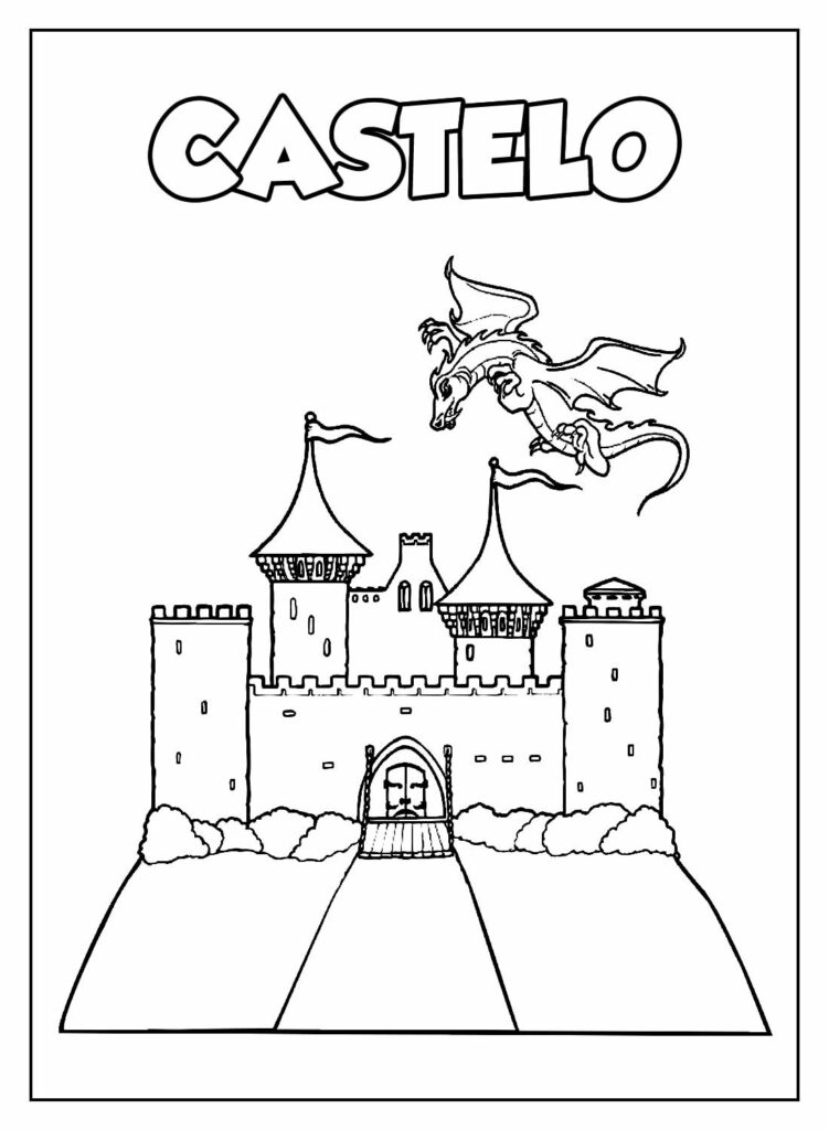 Desenho Educativo para colorir de Castelo e Dragão