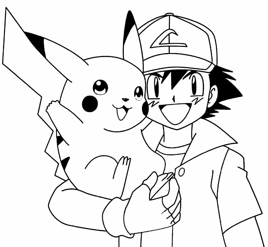 Desenho de Ash e Pikachu para pintar e colorir