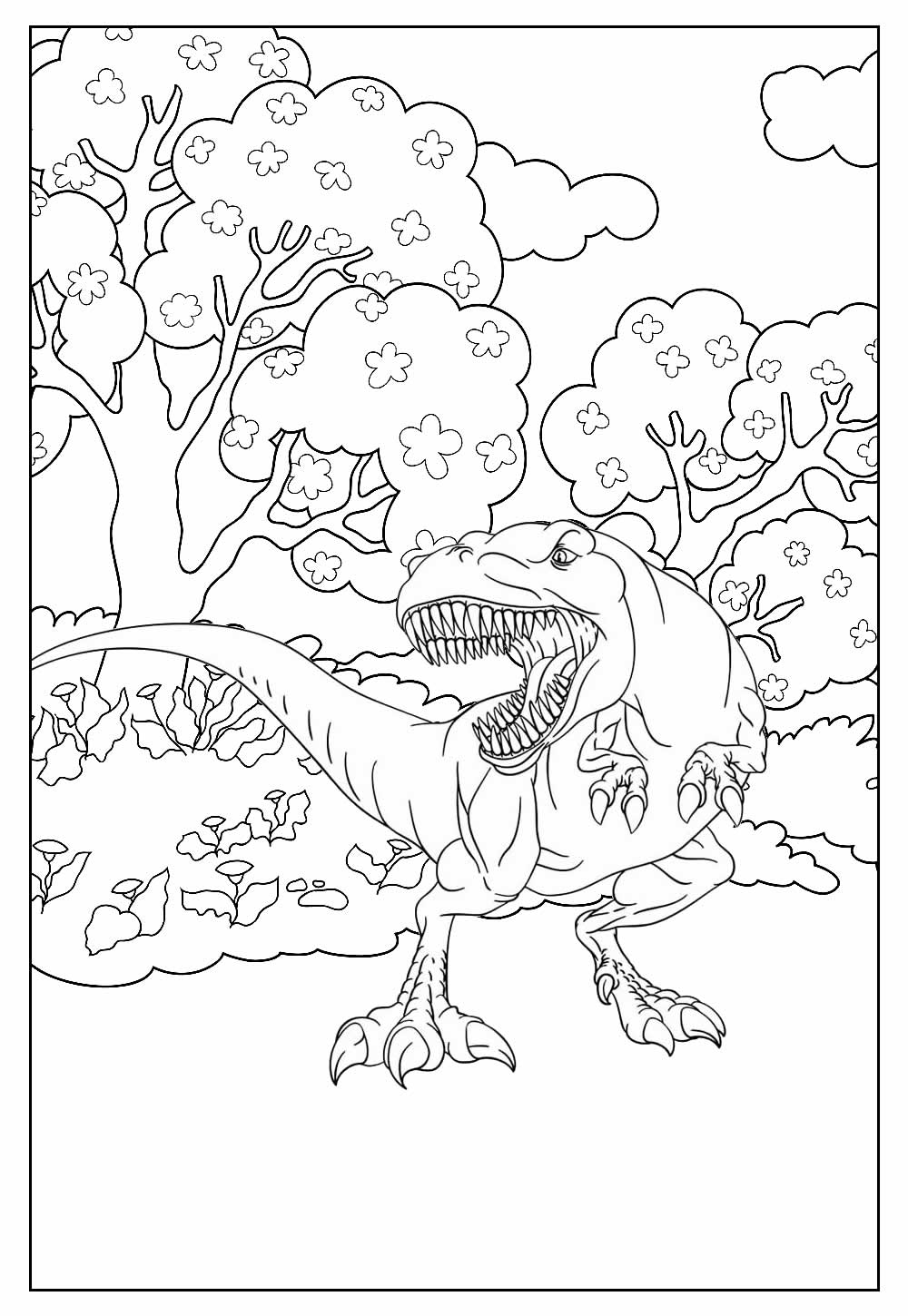 Desenho de T-Rex na Floresta para colorir - Dinossauro