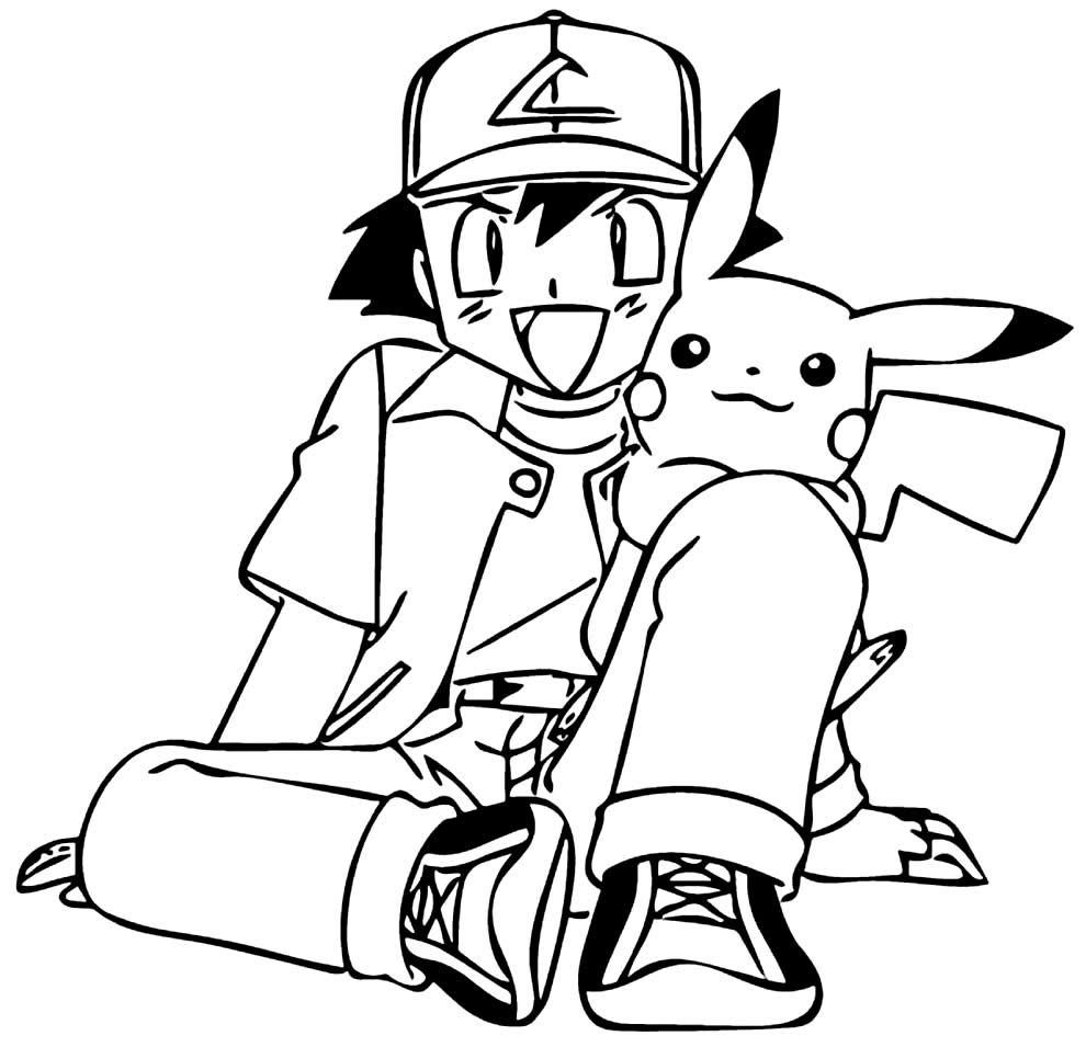 Desenho de Ash e Pikachu para colorir