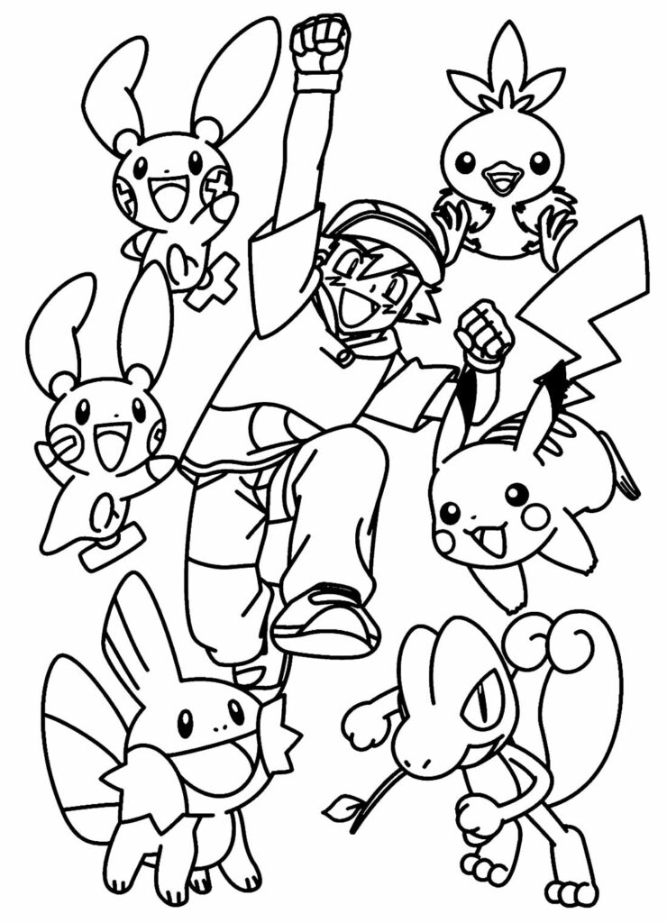 Desenho Ash e Pokémons para pintar