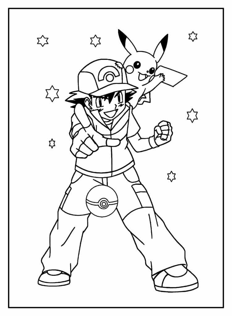Desenhos de Ash e Pikachu para pintar