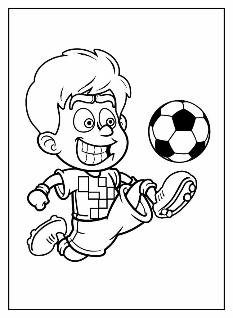 página para colorir menino bonito jogando futebol, menino feliz chutando a  bola, ilustração vetorial de desenho animado 7802866 Vetor no Vecteezy