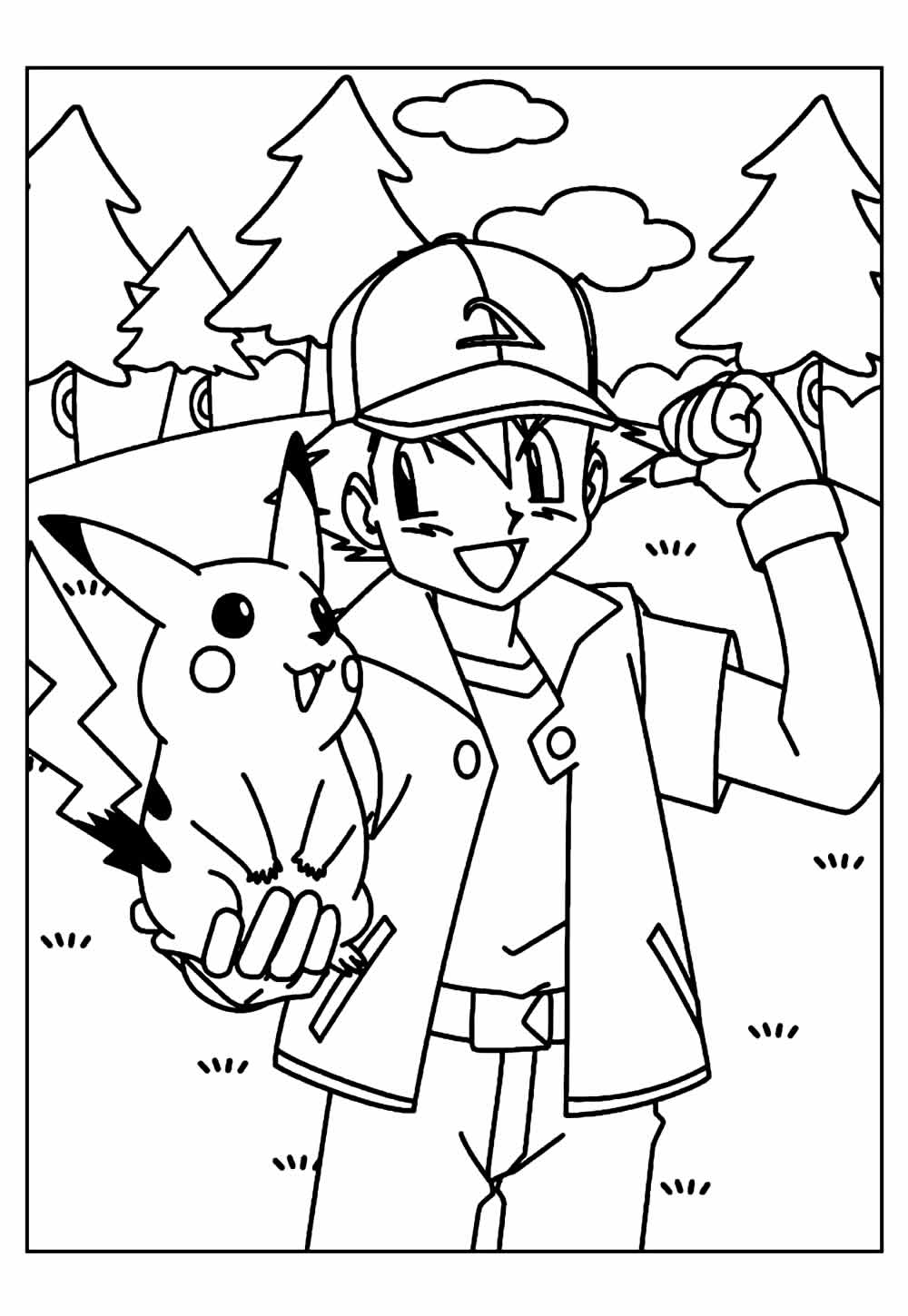 Desenho de Ash e Pikachu para imprimir e colorir