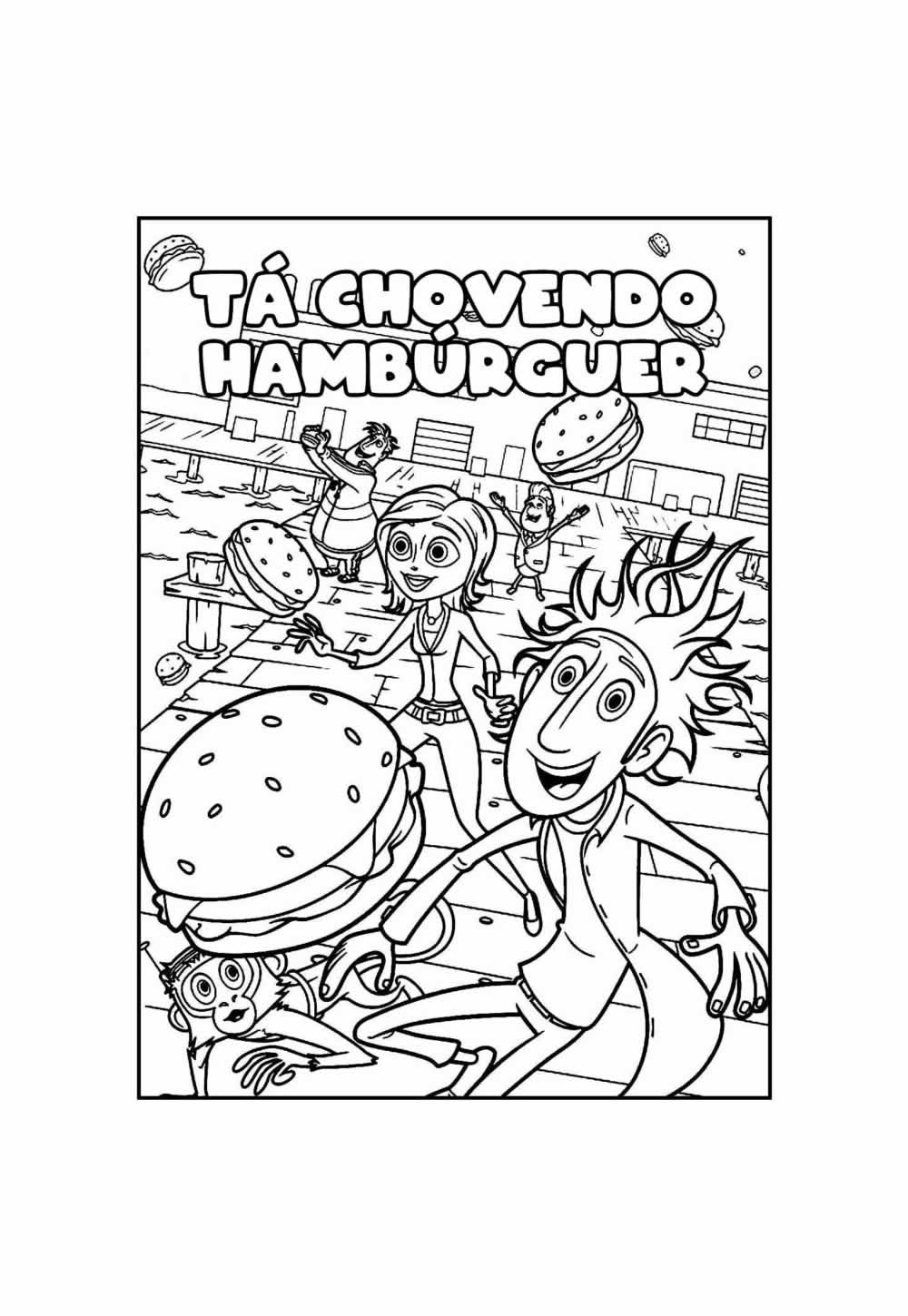 Desenho Educativo de Tá Chovendo Hambúrguer para pintar