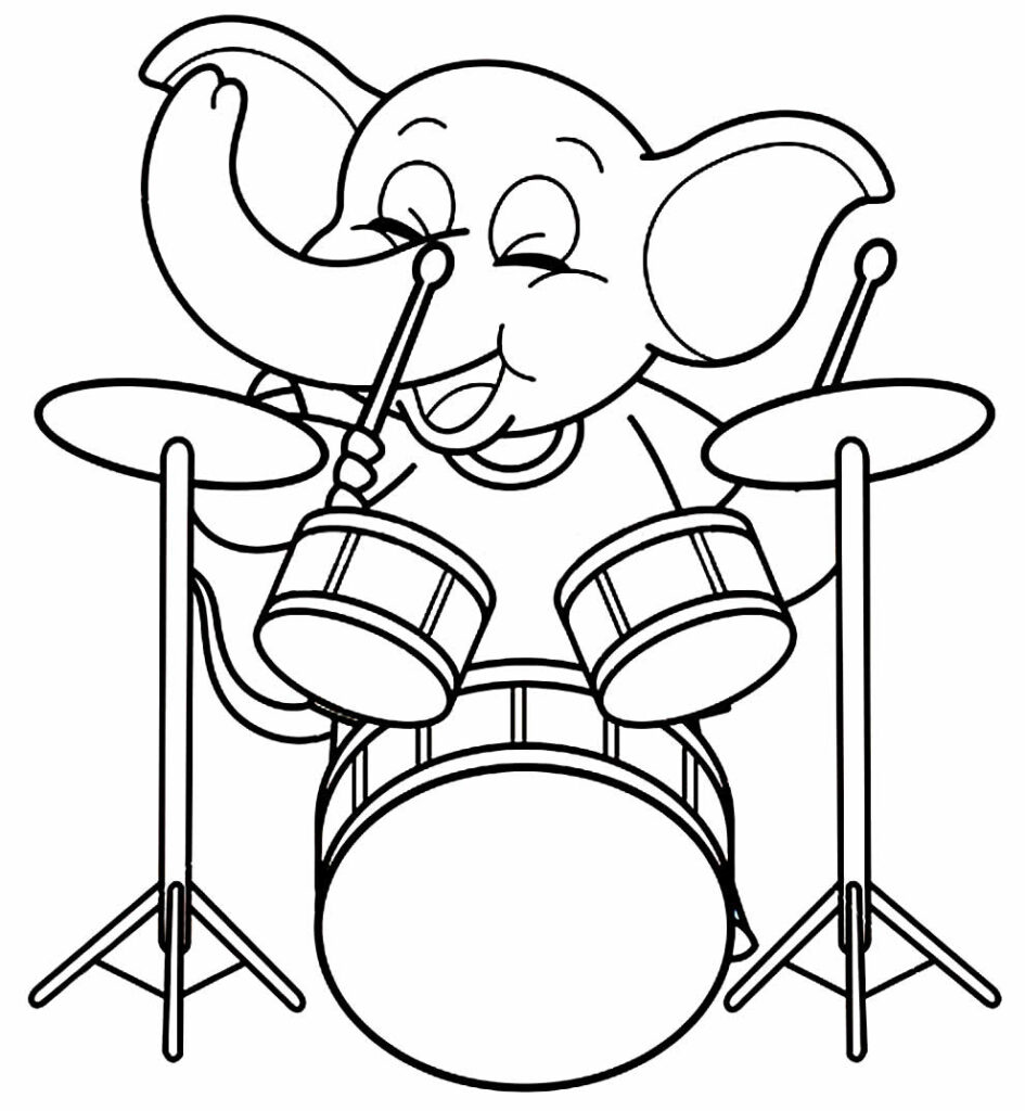 Desenho de Elefante tocando Bateria para colorir