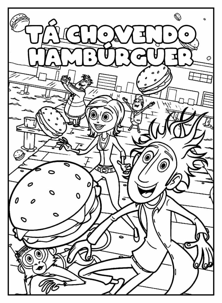 Desenho Educativo de Tá Chovendo Hambúrguer para colorir