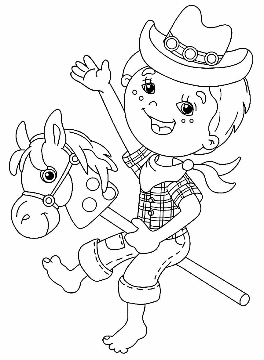 Desenho de Menino com Cavalinho de Madeira para pintar