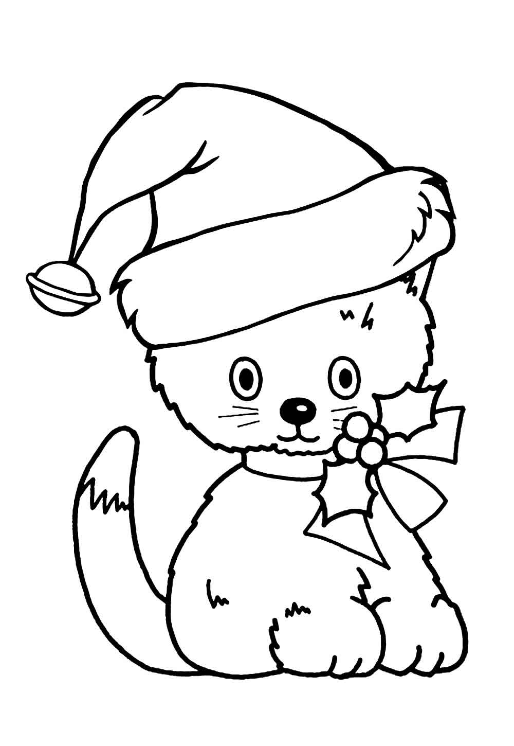 Desenho de Gato com Gorro de Natal para Imprimir