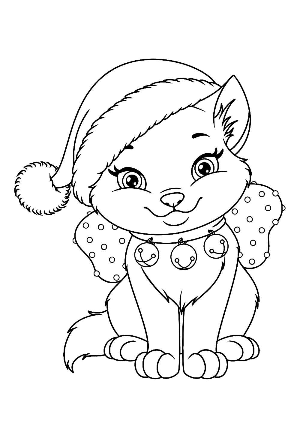 Desenho de Gato com Gorro de Natal para pintar