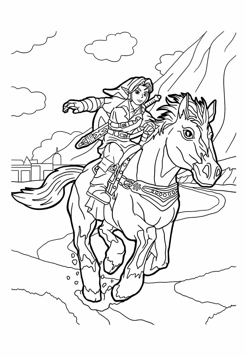 Desenho da Zelda e o seu Cavalo para colorir