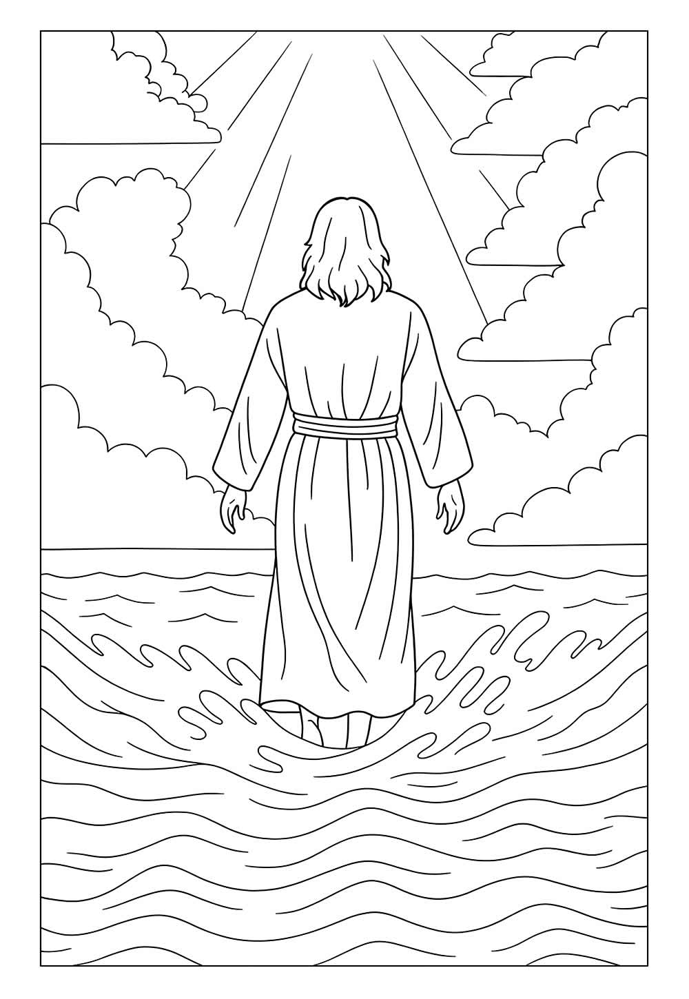 Desenho de Jesus Cristo em cima do mar para colorir