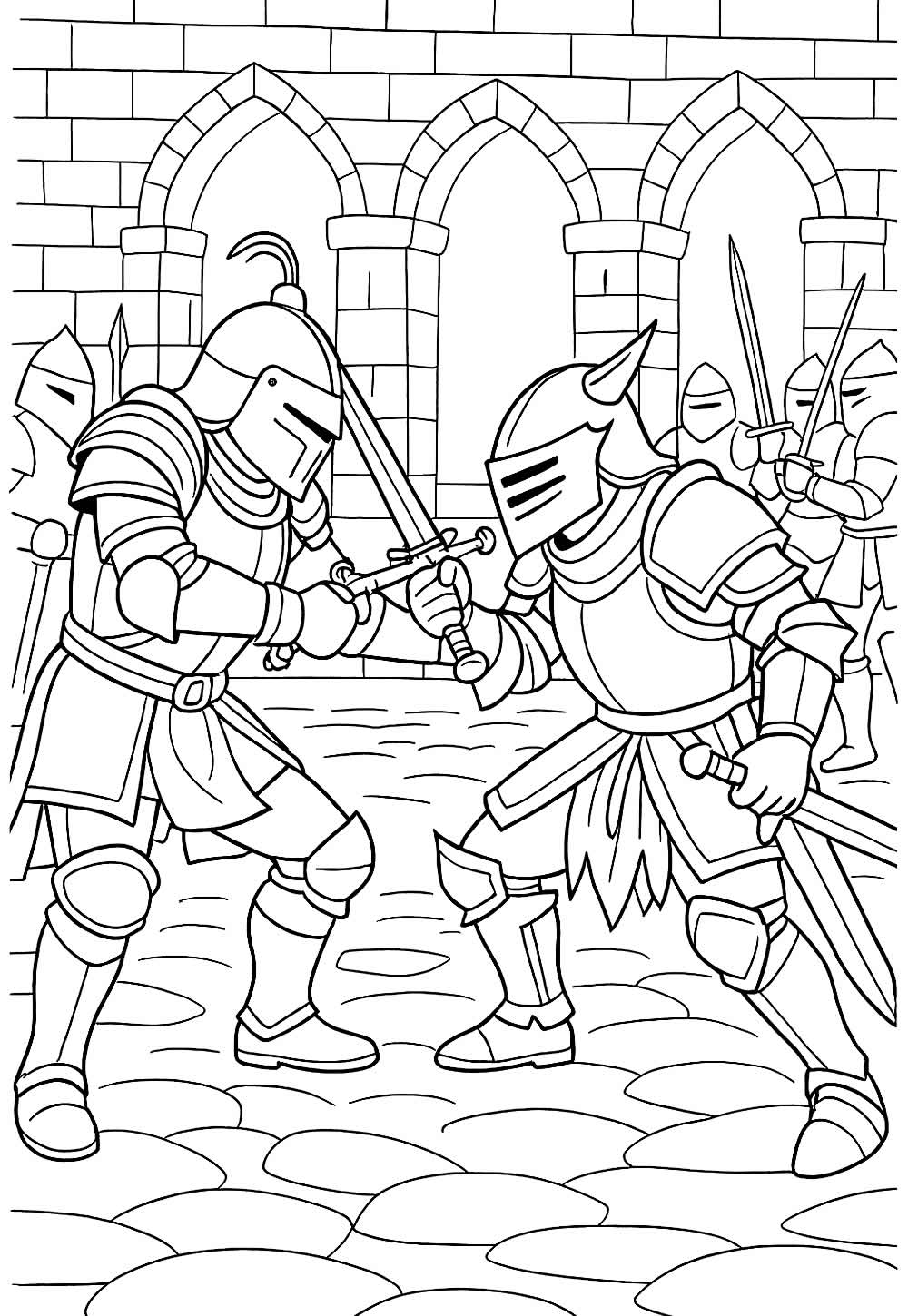 Desenho de Batalha de Cavaleiros Medievais para colorir