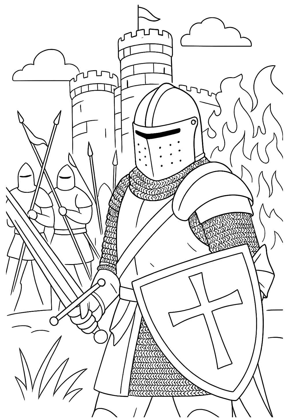 Desenho de Cavaleiros Medievais para imprimir e pintar