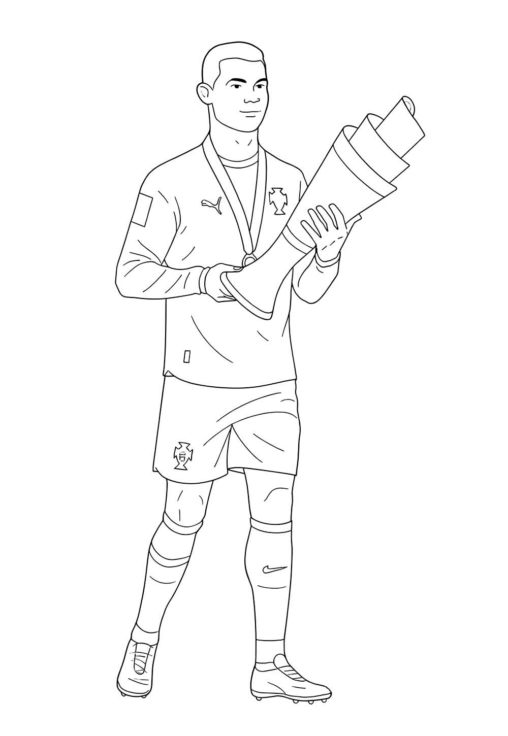 Desenho de Cristiano Ronaldo com Troféu para colorir
