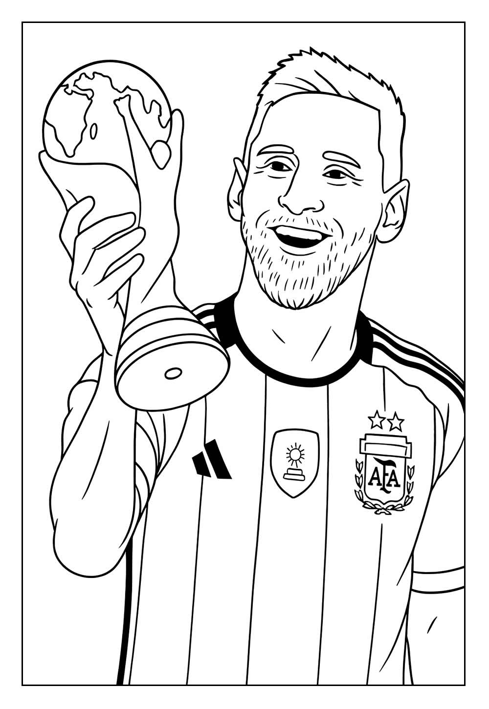 Desenho para colorir de Lionel Messi com a Taça da Copa do Mundo para colorir