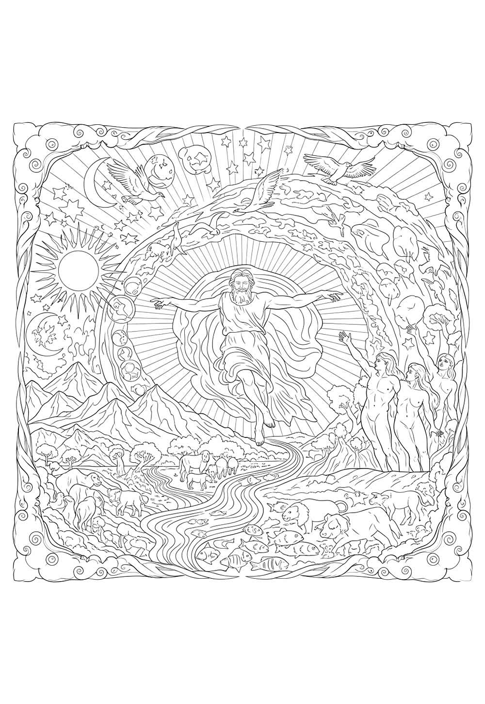 Desenho de Deus e a Criação do Mundo para colorir