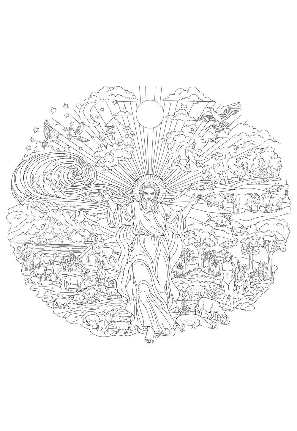 Desenho de Deus e a Criação do Mundo para pintar