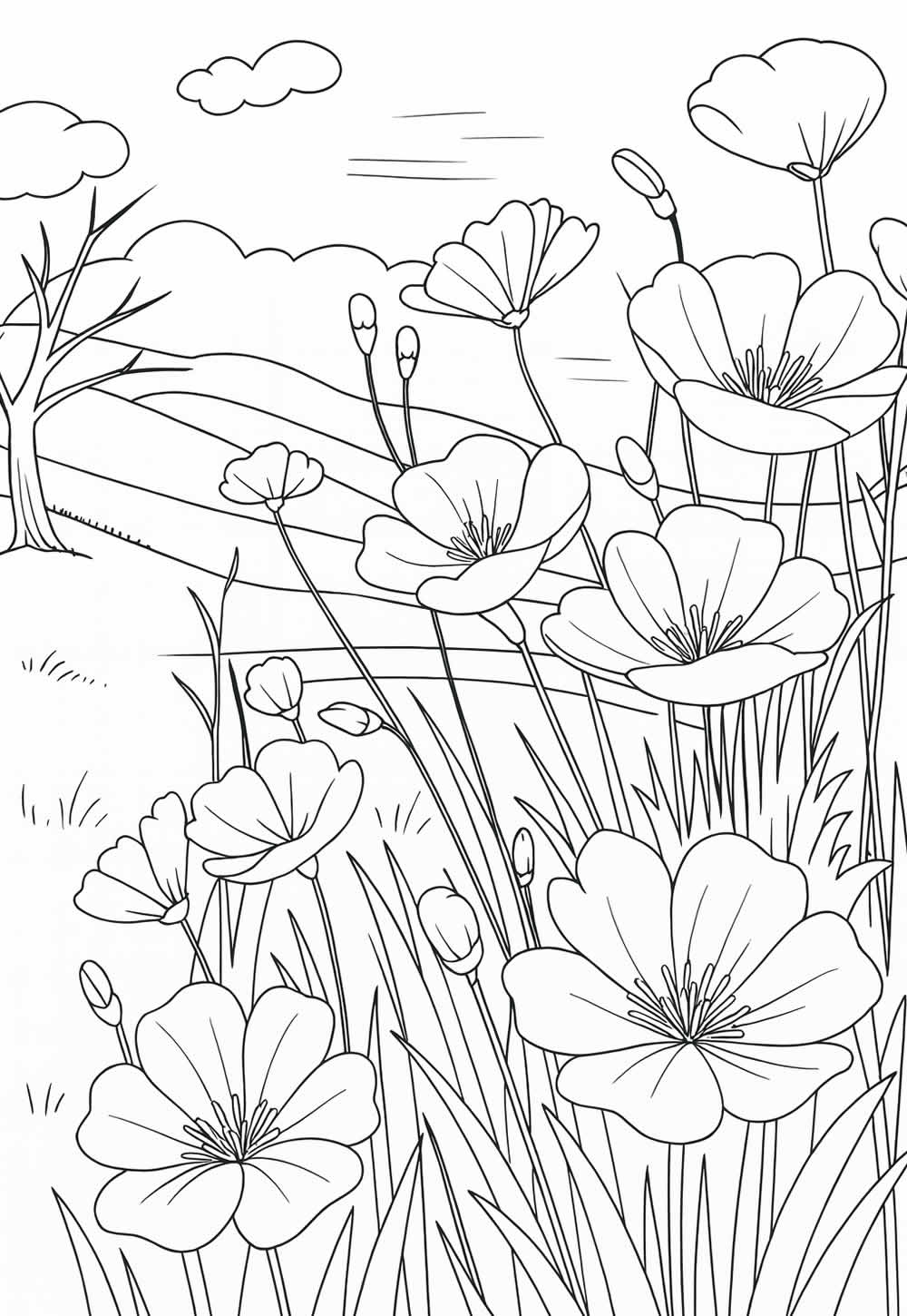Desenho de Campo de Flores para colorir e pintar