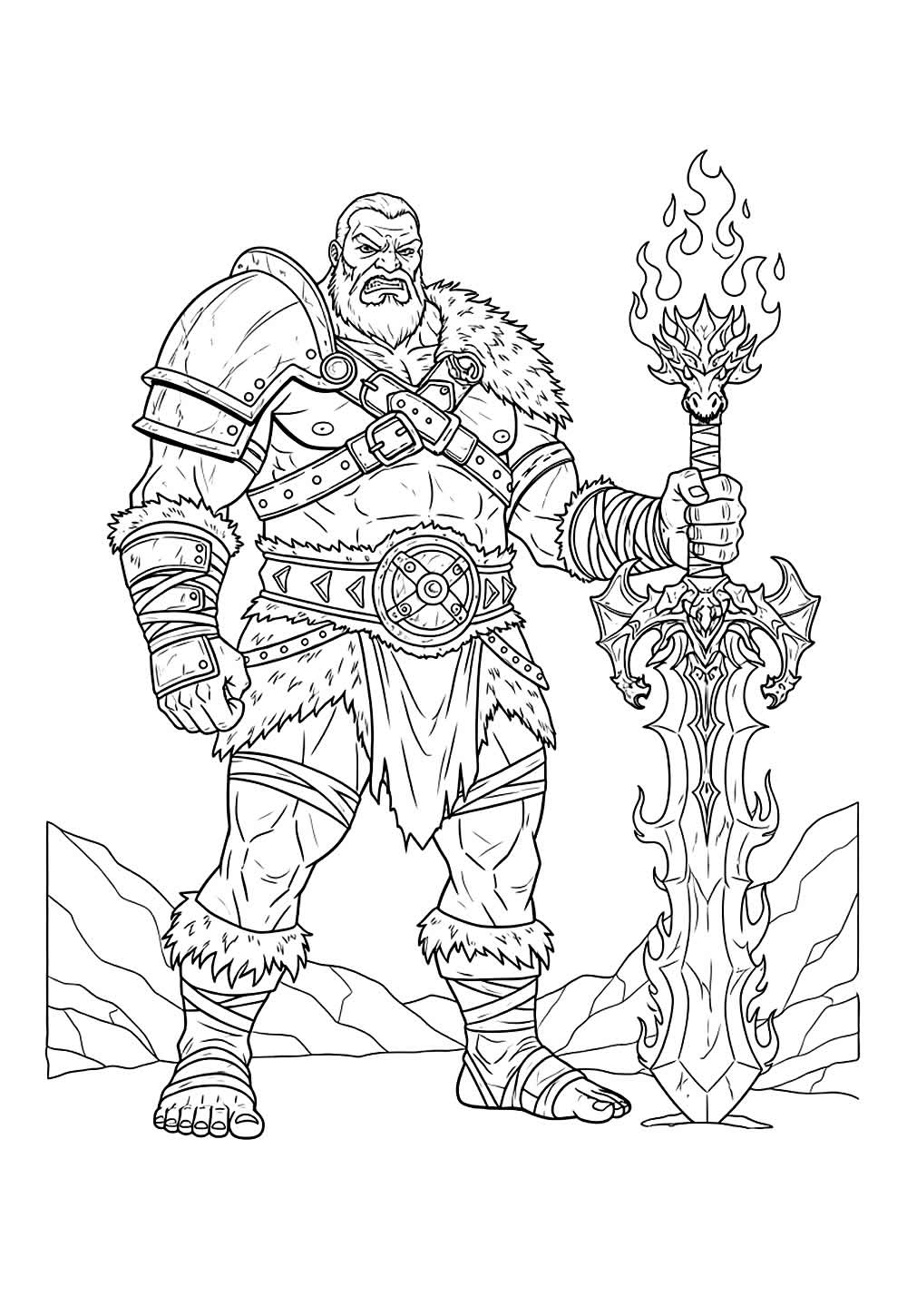 Desenho de Guerreiro com Espada de Fogo para colorir
