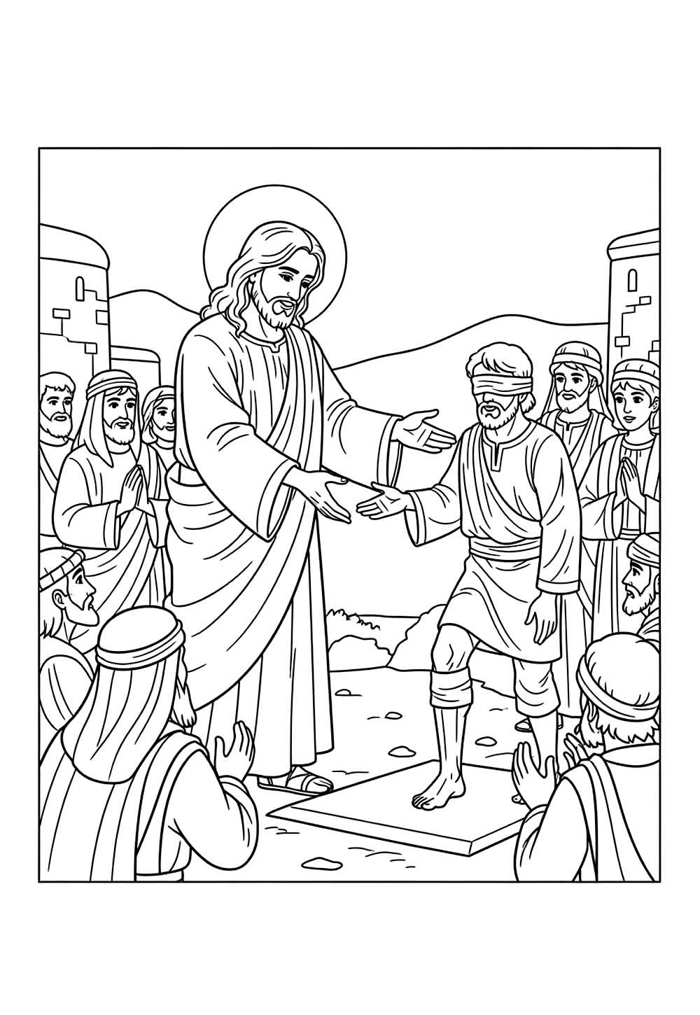 Desenho de Jesus Curando Cego para colorir