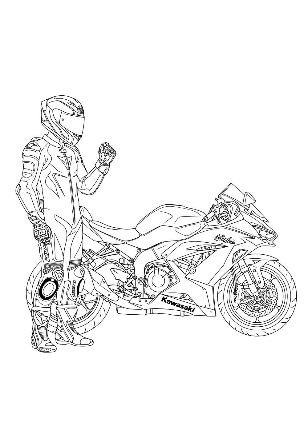 Desenho de Moto Kawasaki e Piloto para colorir
