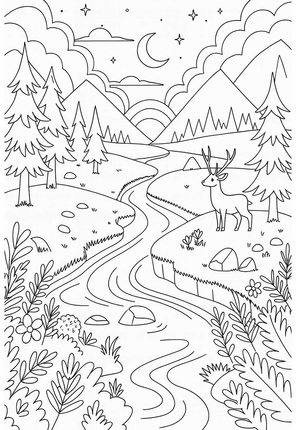 Desenho de Natureza com Rio para colorir