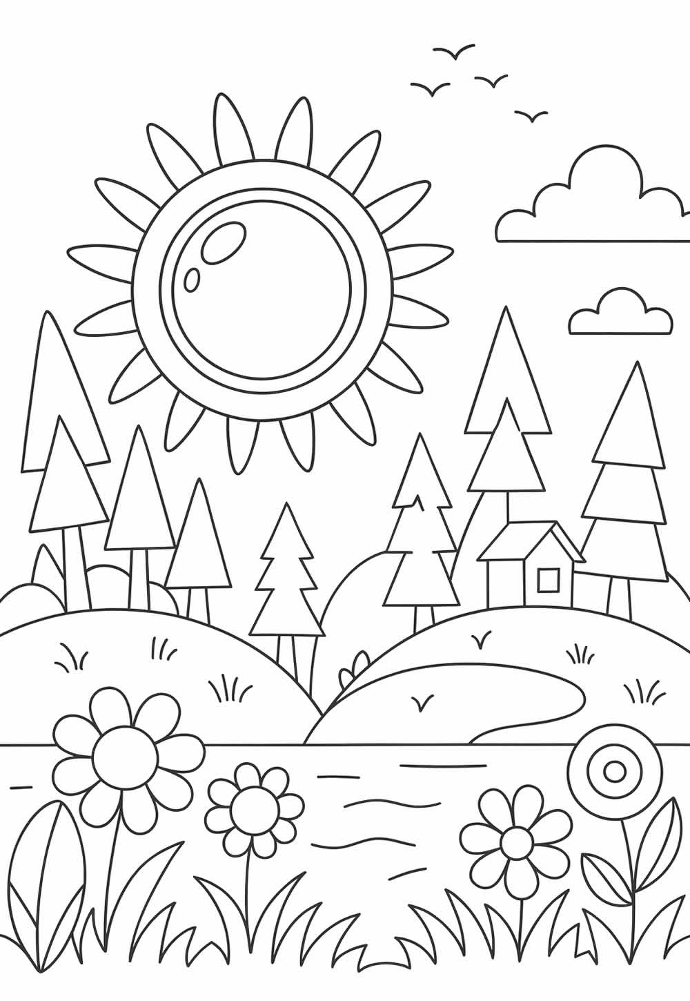 Desenho de Natureza com Sol e Árvores para pintar