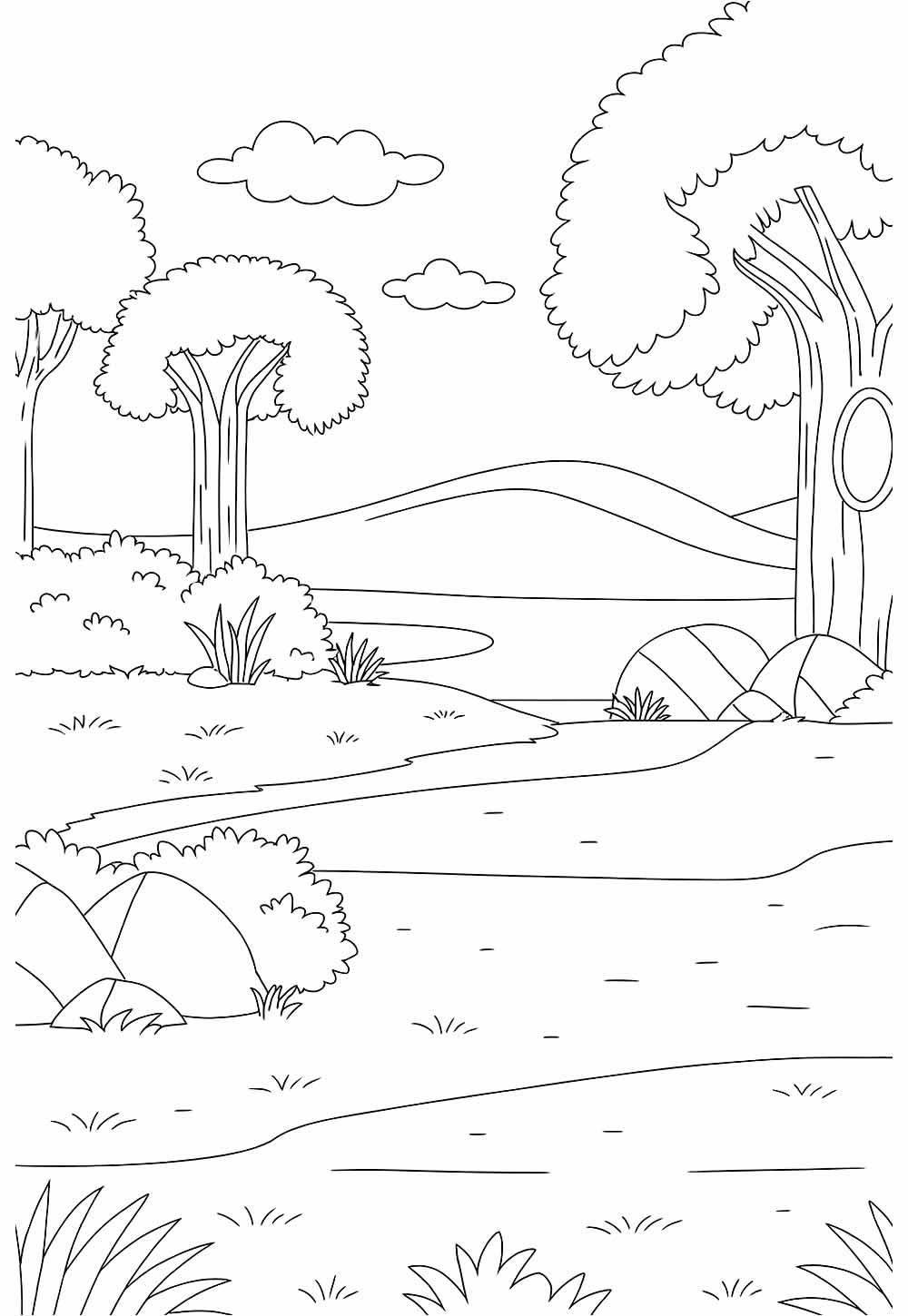 Desenho de Rio na Natureza com Rio e Árvores para pintar