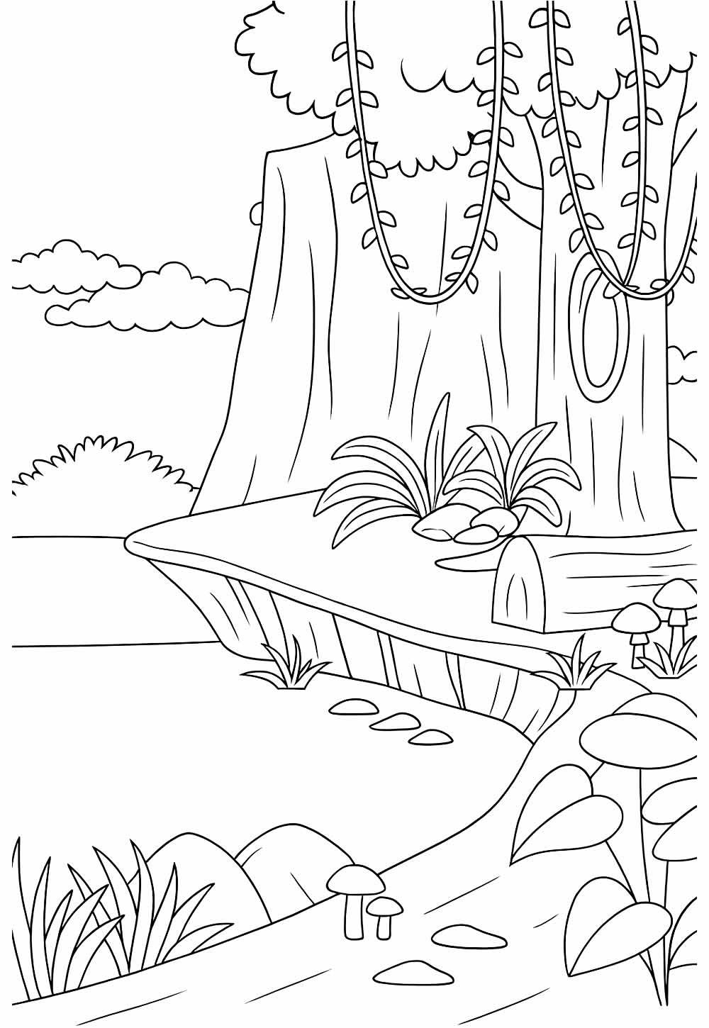 Desenho de Natureza com Rio para colorir