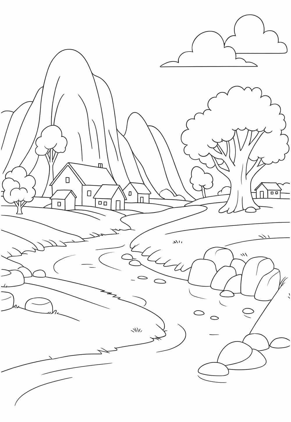 Desenho Casa Árvore Montanha Colorir