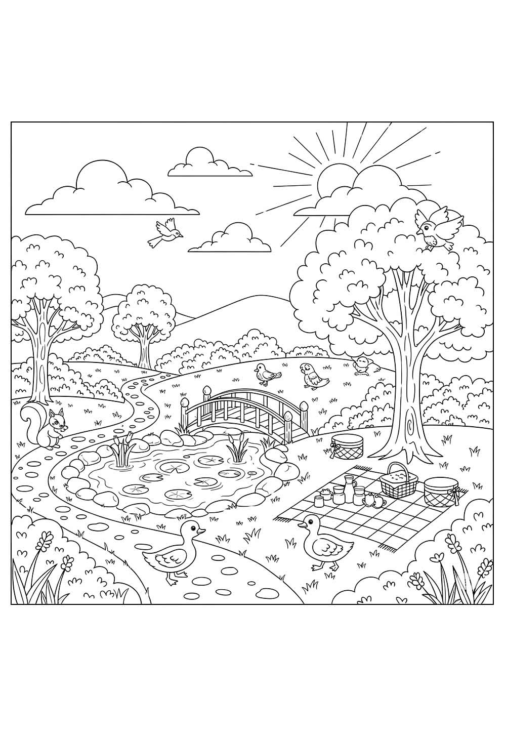 Desenhos de Parque com Sol e Natureza para colorir
