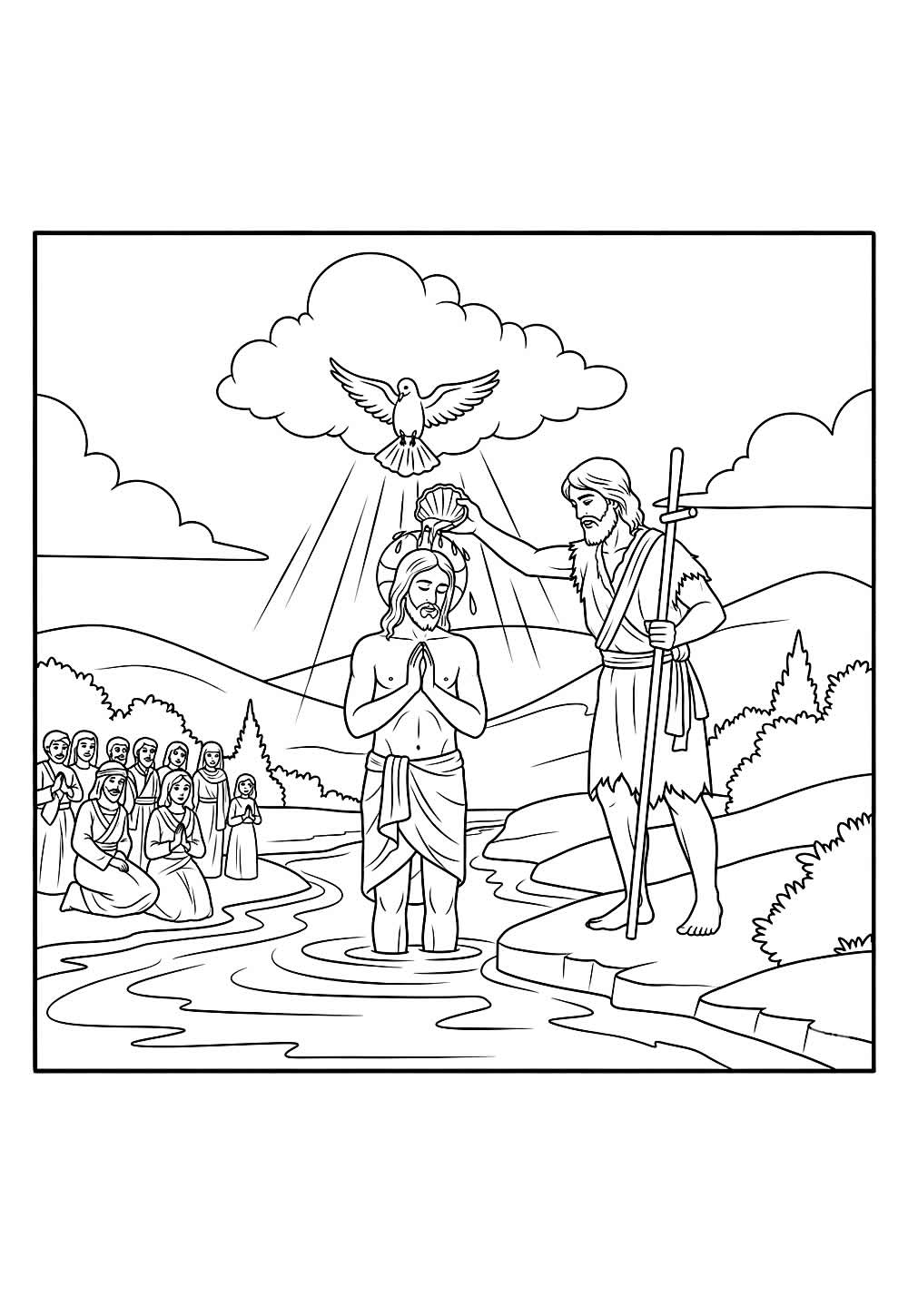 Desenho do Batismo de Jesus para colorir - Nuvens - Pomba