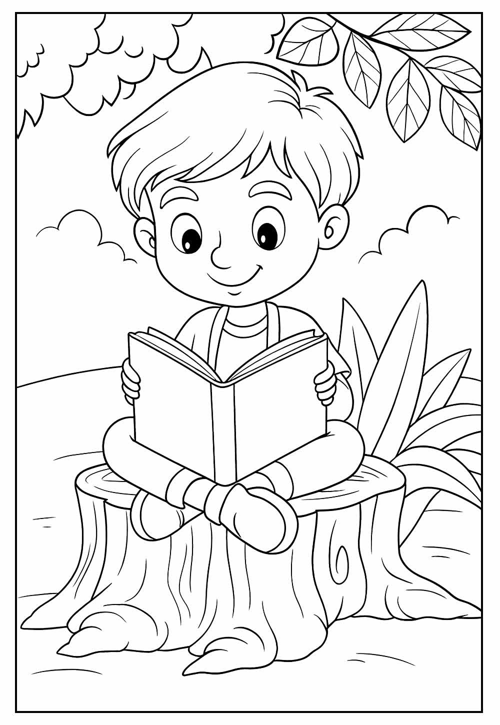 Desenho Fofo para Colorir de Menino Lendo um Livro