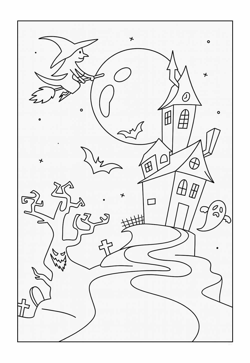 Desenho de Noite Assombrada para imprimir - Lua, Morcegos e Bruxa