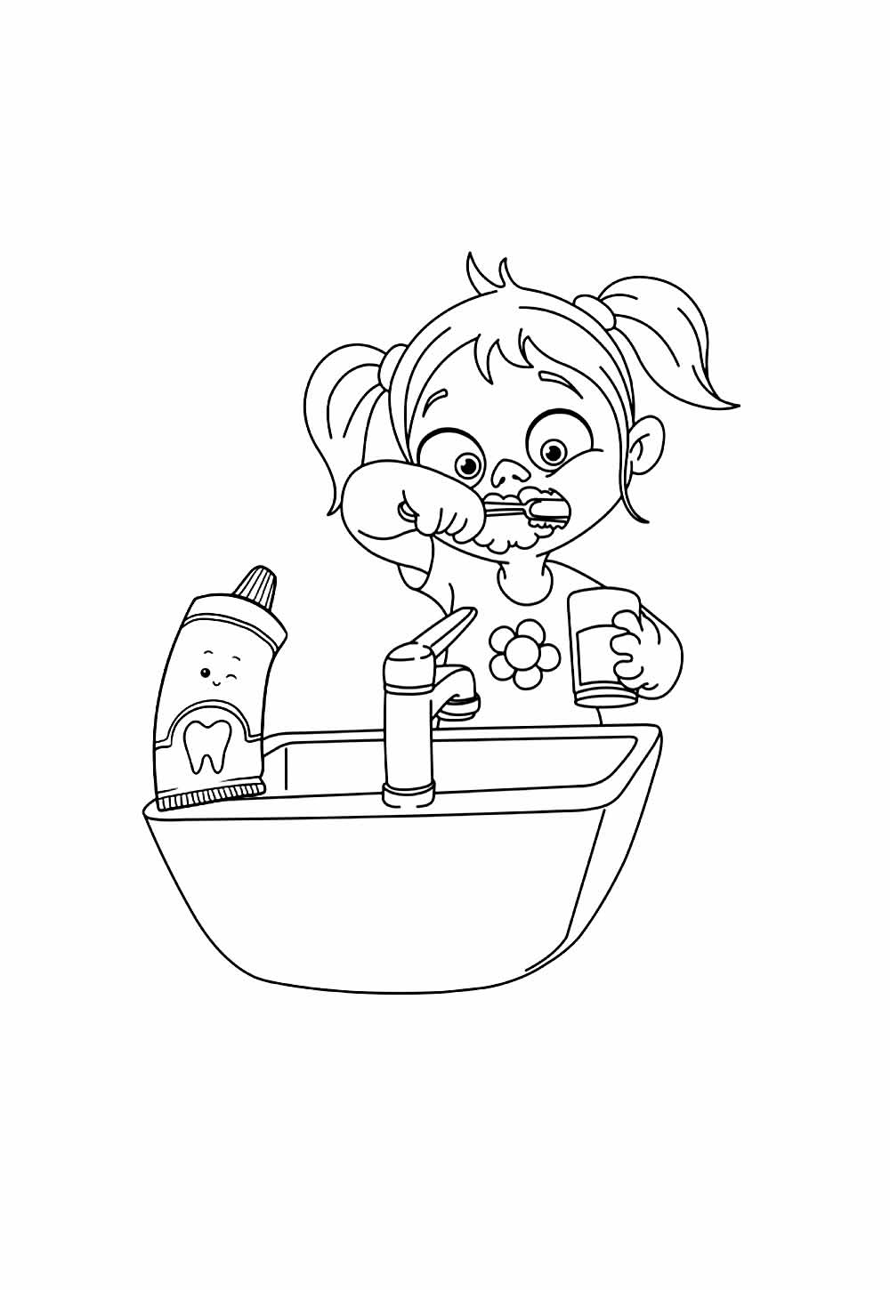 Desenho de Criança Escovando os Dentes para pintar