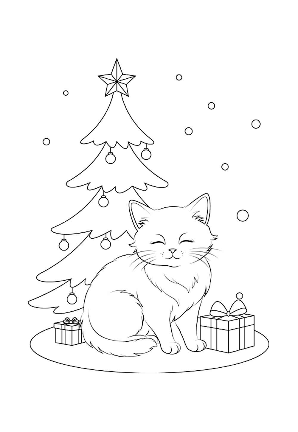 Desenho de Gatinho com Árvore de Natal para pintar