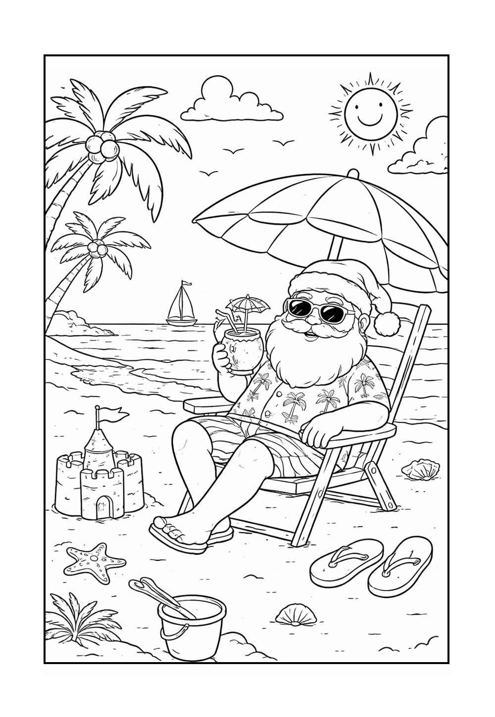 Desenho de Papai Noel na Praia para colorir