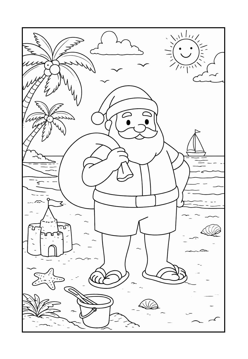 Desenho de Papai Noel na Praia para pintar