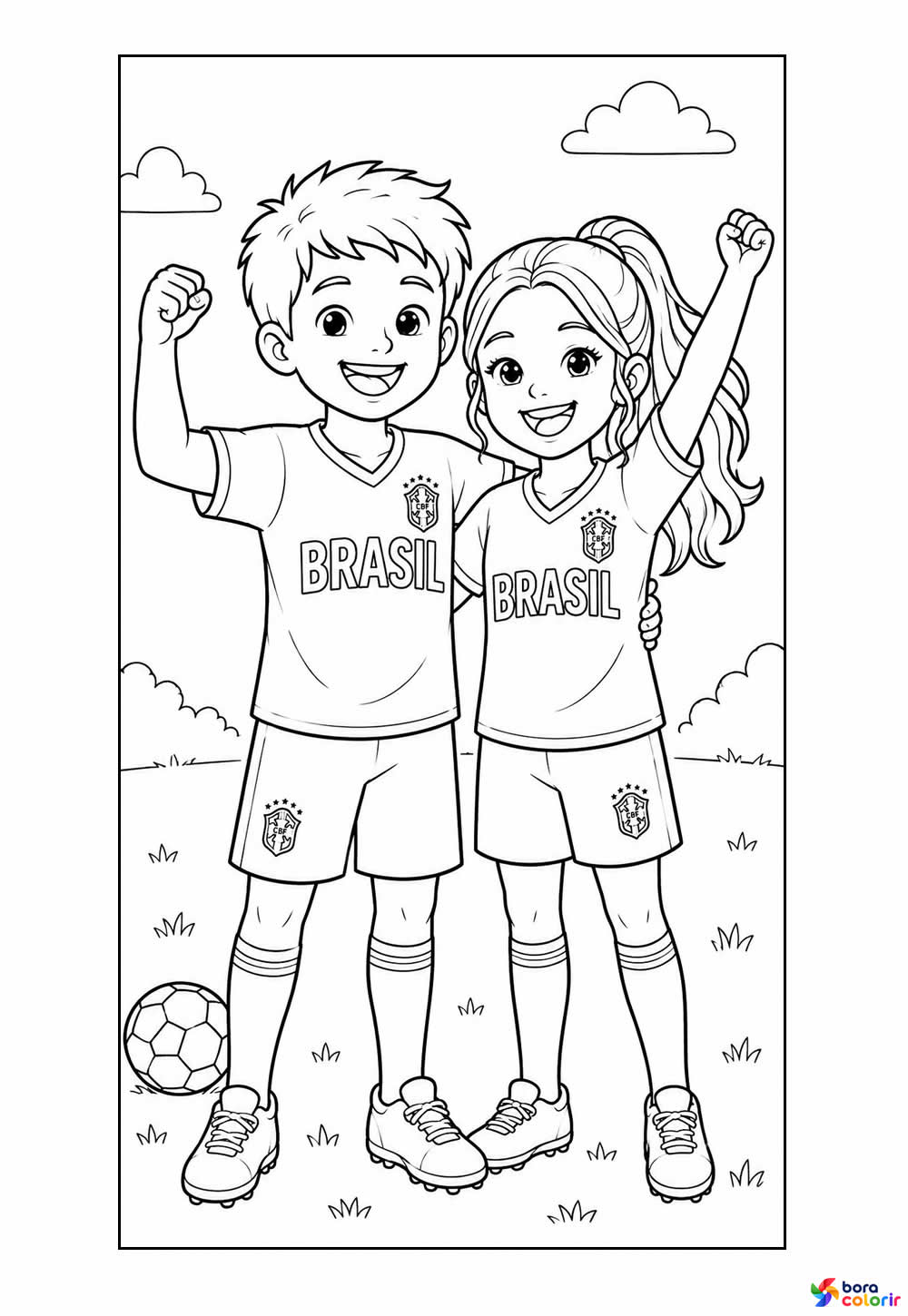 Desenho de Crianças Torcendo pelo Brasil para pintar