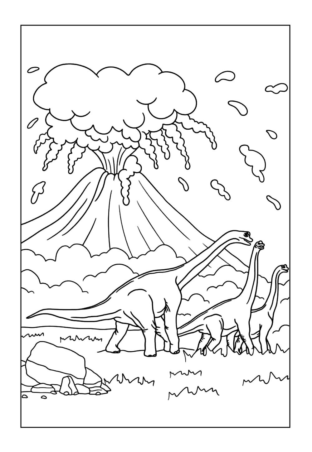 Desenho de Dinossauro Braquiossauro e Vulcão para colorir