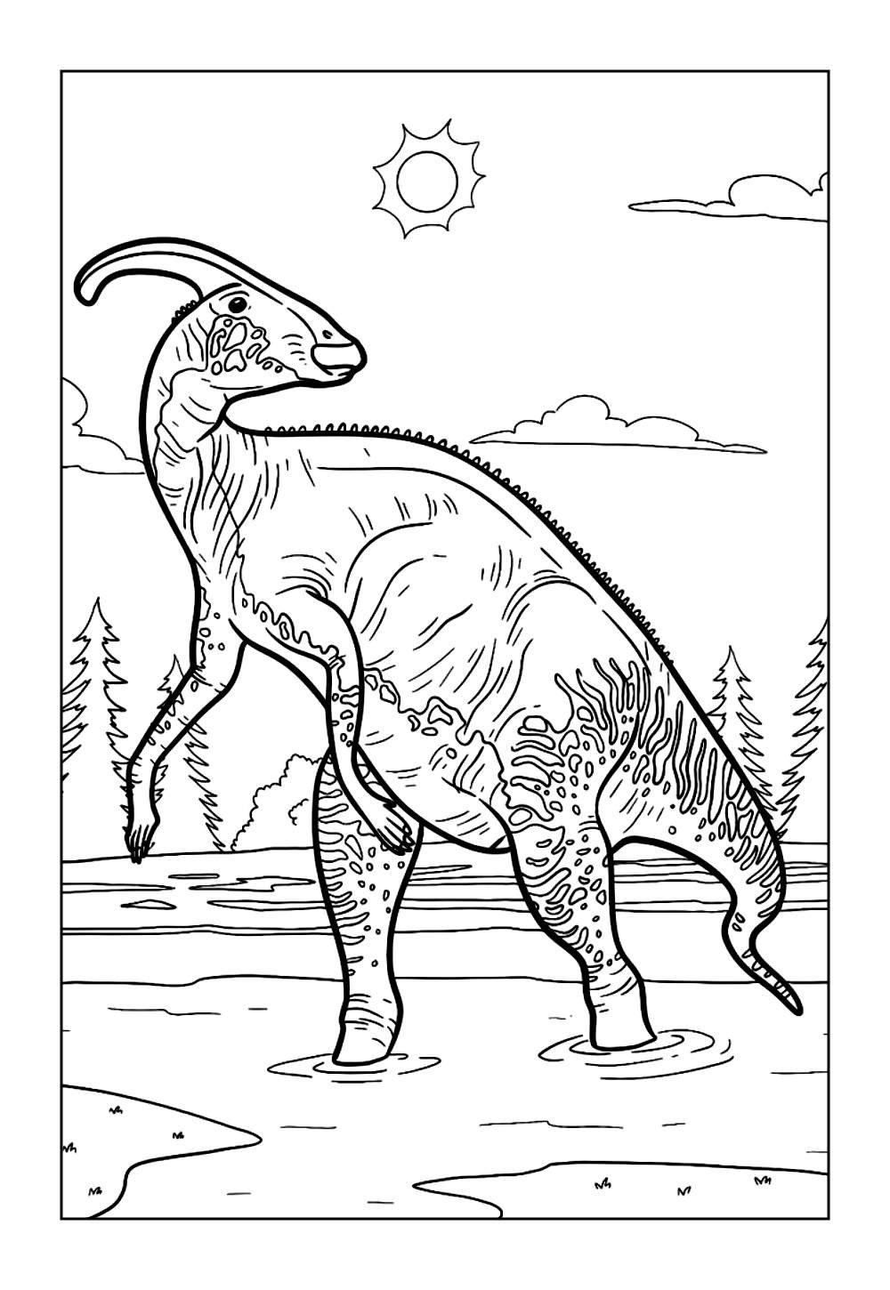 Desenho de Parasaurolofo para imprimir e pintar