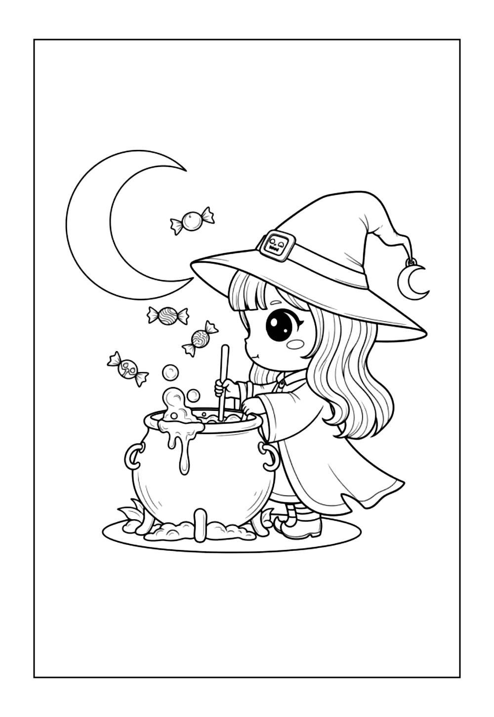 Desenho de Bruxa Fofa e Caldeirão para colorir